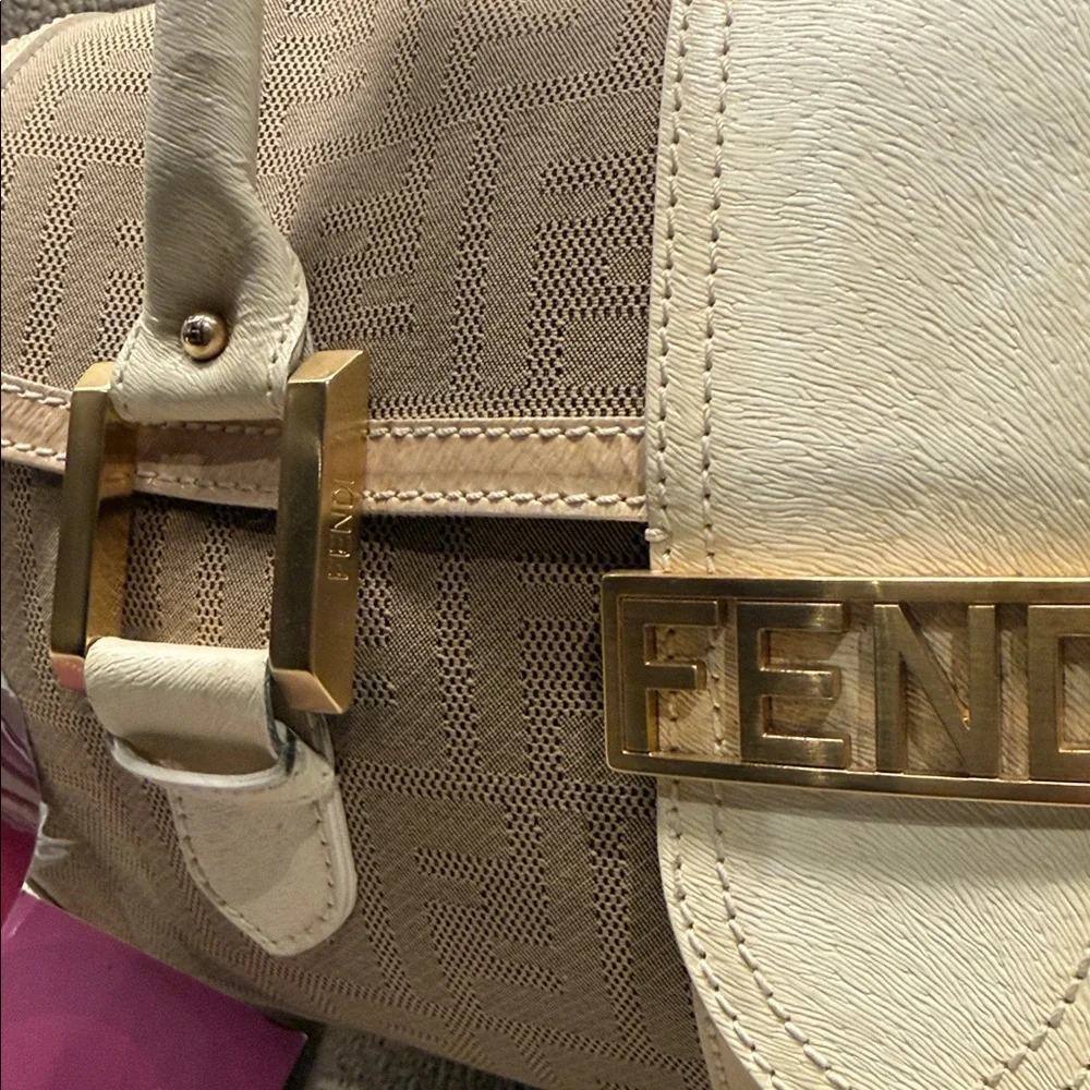 Auth Fendi Zucca Brown Monogram Shadow Shoulder Bag beige and white